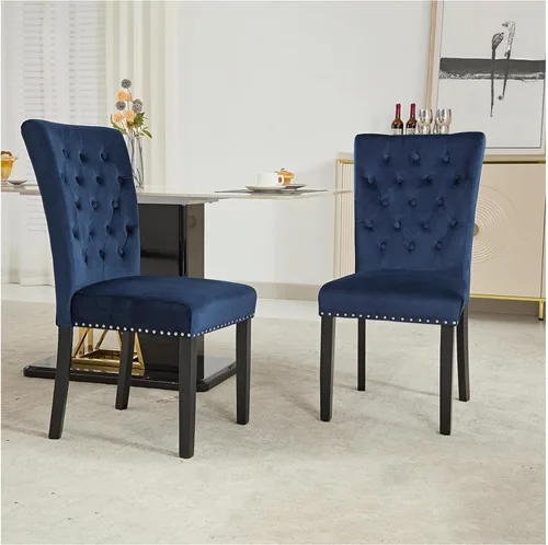 Miniatura 8 de Juego de 4 sillas de comedor de cocina de terciopelo, silla de comedor tapizada Parsons, silla decorativa de madera con ribete clavado, azul