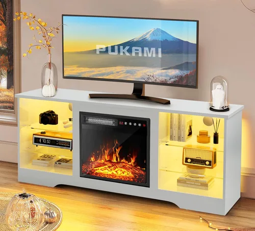 Miniatura 8 de PUKAMI Soporte de TV con chimenea de 18 pulgadas para sala de estar, centro de entretenimiento de 58 pulgadas con luces para las patas, gabinete