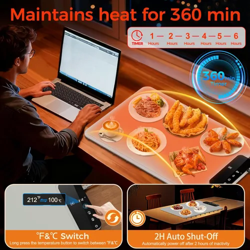 Miniatura 4 de Tapete de calentamiento para alimentos Apto para lavavajillas, calentador de alimentos de superficie completa con 6 modos ajustables y Plata Gris