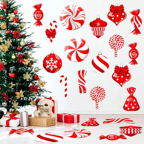 Yulejo 65 calcomanías de Navidad para el suelo, calcomanías de pared de menta, calcomanías de bastón de caramelo, decoraciones de piruletas grandes