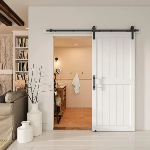 Miniatura 6 de Puerta corredera de granero de 36 x 80 pulgadas con kit de herrajes para puerta de granero de 6.6 pies, mango y guías de suelo, agujeros Blanco