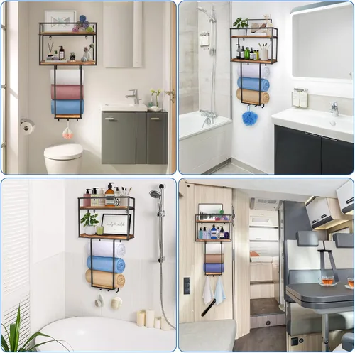 Miniatura 4 de MOUGIGI Toallero montado en la pared, diseño que ahorra espacio para baños pequeños, organizador versátil para toallas, mantas y más, ideal