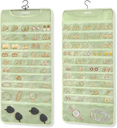 Miniatura 8 de FOREGOER Organizador de joyas colgante de doble cara, 43 bolsillos, organizador grande de accesorios para collares, aretes, (negro)