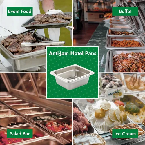 Miniatura 6 de HECMAC Paquete de 6 bandejas de hotel antiatascos, tamaño 1/6 de 2 1/2 pulgadas de profundidad, bandeja de acero inoxidable comercial para mesa