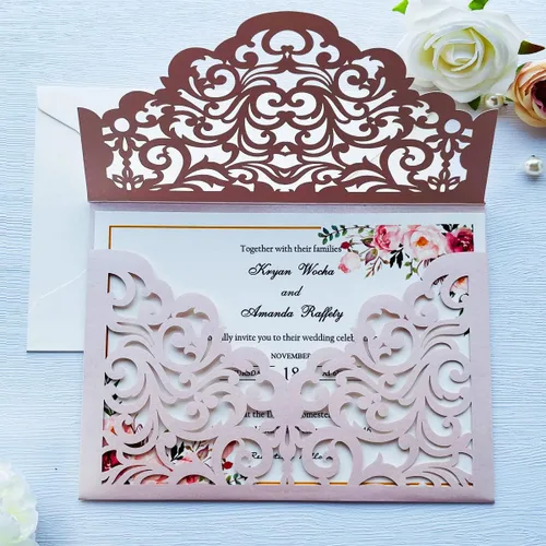 5.1 x 7.1 pulgadas, 50 unidades de color rosa rubor flora cortadas con láser bolsillo con sobres, kit de invitaciones de boda para quinceañera,