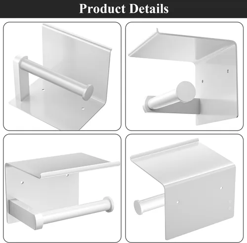 Miniatura 5 de Tindbea Soporte de papel higiénico con estante para teléfono + ganchos para toallas, dispensador adhesivo o con tornillos montado en la pared