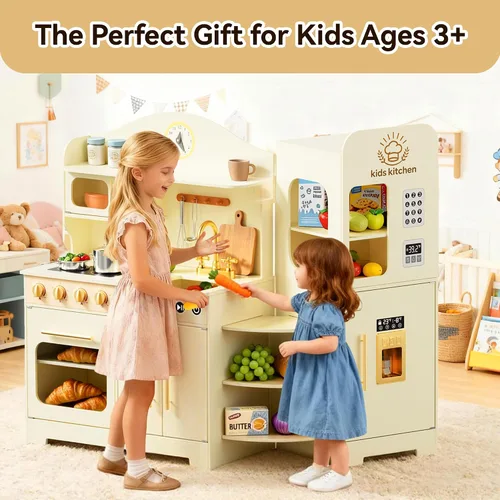 Miniatura 8 de Juego de cocina para niños con diseño giratorio, juego de cocina de madera para niños con máquina de hielo, juego de cocina de juguete para niños