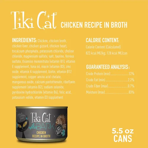 Miniatura 4 de Tiki Cat After Dark, pollo, alto contenido en proteínas y 100% ingredientes no transgénicos, alimento húmedo para gatos adultos, latas de 5.5 onzas