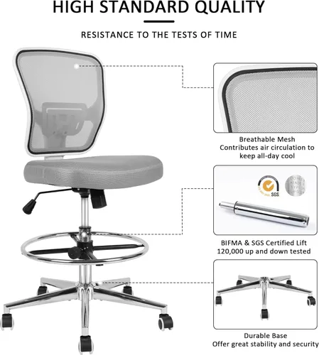 Miniatura 7 de Silla de dibujo, silla de oficina alta para escritorio de pie, taburete de dibujo con soporte lumbar, altura ajustable y anillo para el pie