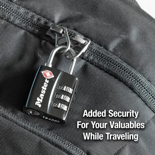 Miniatura 4 de Master Lock Cerradura de equipaje negra aprobada por la TSA con cuerpo de bloqueo ancho y grillete de acero fino y duradero, cierre de cremallera