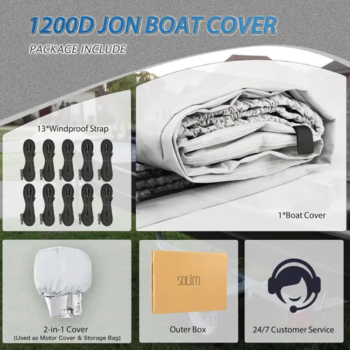 Miniatura 6 de Solim Cubierta de 16 pies para bote Jon con cubierta para motor, lona de poliéster impermeable de 1200D y PU de grado marino resistente para Gris