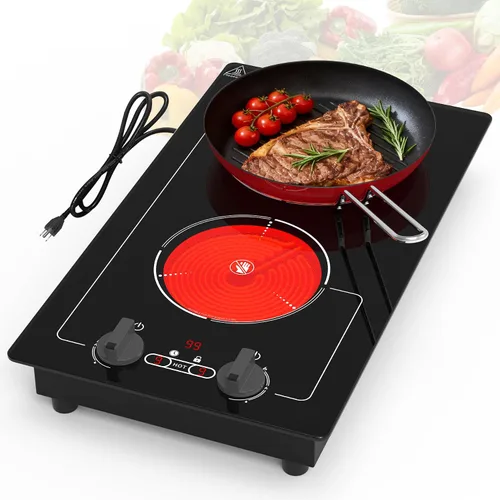 GIHETKUT - Placa de cocina eléctrica, 110V 2100W, 9 niveles de potencia, 2 quemadores, control de botón y táctil, bloqueo para niños y temporizador,