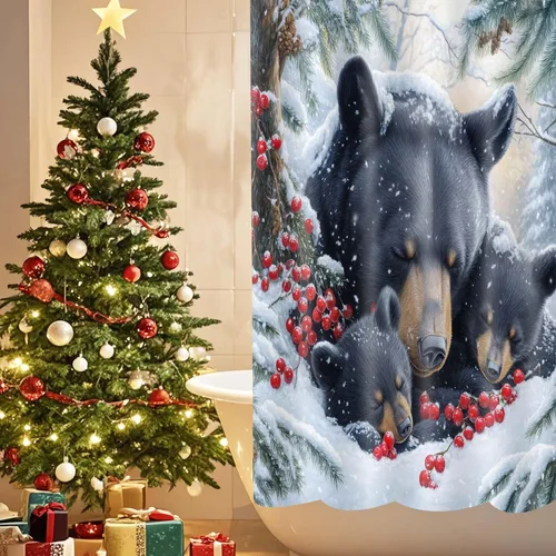 Miniatura 4 de Wathon Cortina de Ducha de Oso Negro de Invierno Escena Nevada Cortina de Baño con Osos Abrazándose Rodeados de Nieve y Bayas Rojas, Decoración