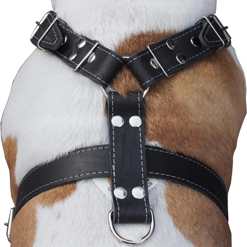 Miniatura 4 de Arnés para perro de cuero genuino negro grande. 30-35 pecho, 1.5 correas anchas Pitbull, Boxer