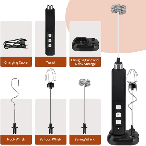 Miniatura 4 de Espumador de leche recargable de mano con 3 batidores de acero inoxidable desmontables, mezclador de bebidas ajustable de 3 velocidades, mini varita