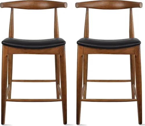 Miniatura 10 de 2xhome Taburete de bar de altura de mostrador con codo, marco de madera, taburetes de bar con respaldos abiertos, cojín de cuero PU oscuro, negro