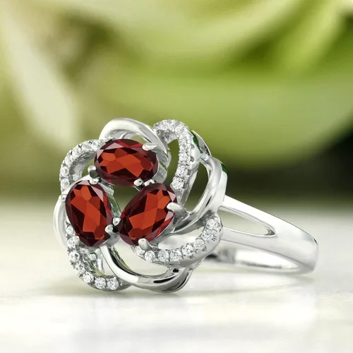 Miniatura 70 de Gem Stone King Flower Blossom Gemstone Birthstone Ring in 925 Sterling Silver 3-Stone Oval 6X4MM with Sparkling Accents Wedding Anniversary
