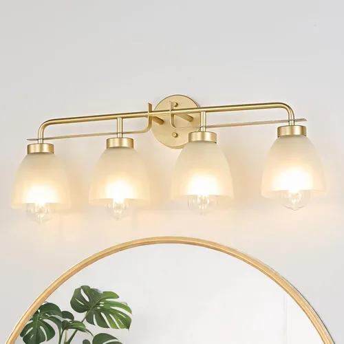Miniatura 11 de Luces de tocador modernas de mediados de siglo de 16 pulgadas, lámpara dorada de 2 luces con pantallas de campana blancas esmeriladas, aplique