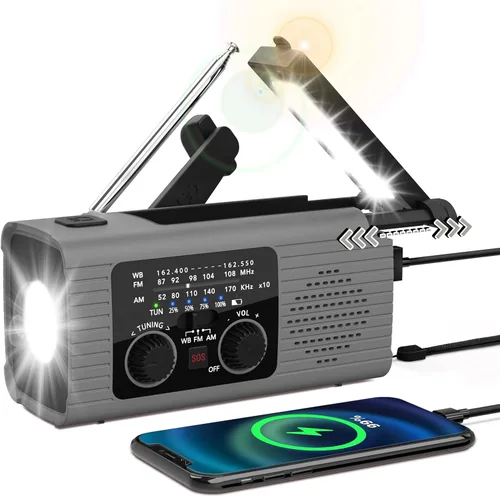 Nitigo - Radio de emergencia de 4,000 mAh con manivela solar AM/FM/NOAA, portátil, con cargador de teléfono, linterna LED, lámpara de lectura,