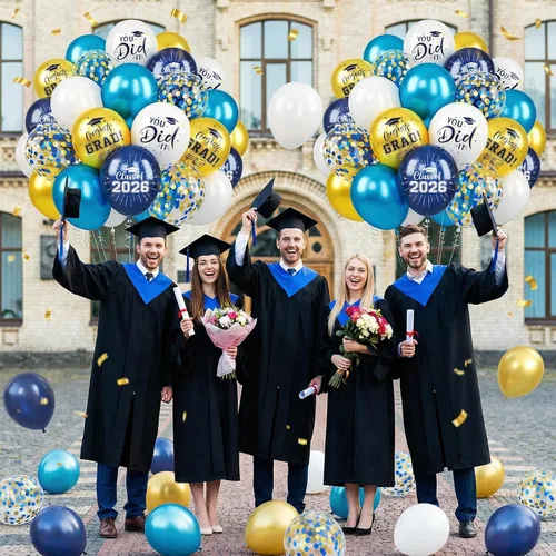 Miniatura 6 de Globos de graduación azules y dorados, 60 globos impresos con texto en inglés "Felicitaciones", 12 pulgadas, azul marino, blanco, azul, metálico