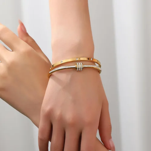 Miniatura 5 de Pulsera de acero inoxidable para mujer, chapada en oro, con cubo, bisagra de circón, joyería ovalada, testigo del regalo del amor