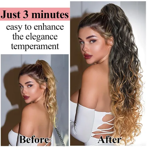 Miniatura 6 de Extensiones de cabello ombré 1B/27, cola de caballo para mujeres negras, extensiones de cola de caballo largas onduladas con cordón, extensiones