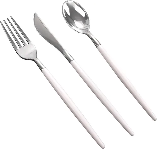 Miniatura 9 de MirthMood - 36 cubiertos de plástico dorados, cubiertos dorados desechables, utensilios desechables resistentes, juego de cubiertos de plástico
