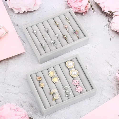 Miniatura 6 de DesignSter Bandeja pequeña para joyas, 2 organizadores de anillos, bandeja de exhibición de joyas de terciopelo, bandejas organizadoras de joyas