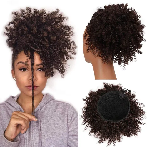 Miniatura 8 de Afro Puff Cola de caballo con cordón sintético corto rizado piña cola de caballo dona Chignon postizos peluca 4.06 oz Wrap Updo extensiones de 1b