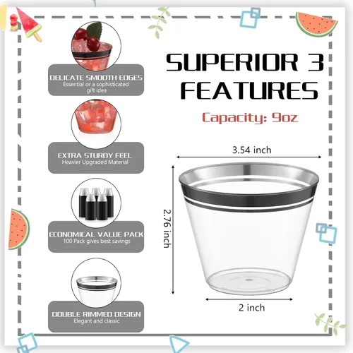 Miniatura 2 de Skylety 100 vasos de vino de plástico de 9 onzas con borde de graduación, vasos desechables para bebidas de boda, copas de cóctel para actividades