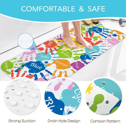 Miniatura 5 de SHUCHING Alfombra de baño para bebé con huellas de manos para bañera antideslizante de 40 x 16 pulgadas, tapete de baño para niños pequeños, tapete