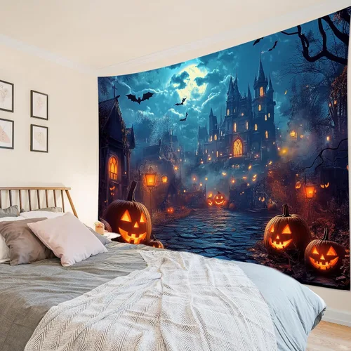Miniatura 35 de HVEST Tapiz de noche de Halloween, tapiz para colgar en la pared, bosque embrujado con tumba y calabazas, manta de pared para dormitorio, sala