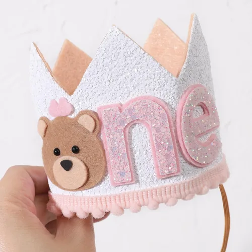 Miniatura 8 de Corona de oso de peluche de primer cumpleaños para niñas, sombrero de oso pequeño, decoración de una campista feliz