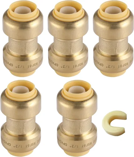 Miniatura 27 de Paquete de 12 acoplamientos rectos Pushfit de 1/2 pulgada, acoplamiento a presión de latón PEX con clip de desconexión, accesorios de plomería a