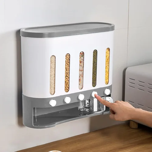 Contenedor de almacenamiento de arroz y granos de 5 rejillas, dispensador de arroz y alimentos con cubo de almacenamiento de presión de un botón