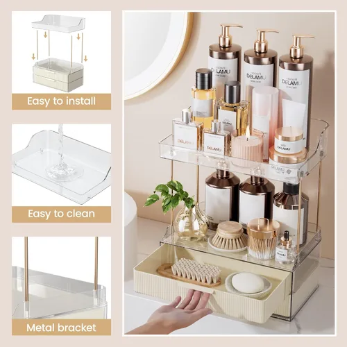 Miniatura 6 de Delamu Organizadores y Almacenamiento de Baño, Organizador de Maquillaje de 2 Niveles 2 Cajones para Encimera, Fácil de Instalar, Ideal para Blanco
