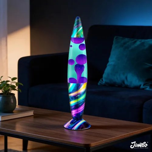 Miniatura 5 de JAMBO Hermosa lámpara de 16 pulgadas, verde azulado con cera morada, crepúsculo neón, luz líquida relajante, luz nocturna, decoración del hogar