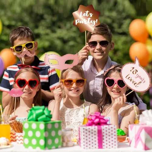 Miniatura 4 de Accesorios y letreros para cabina de fotos de fiesta de cumpleaños número 16, color oro rosa, kit de accesorios para selfies con palos para niñas
