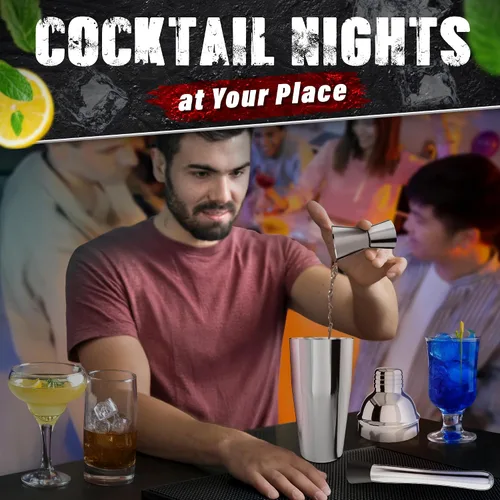 Miniatura 9 de Juego de bar y coctelera (10 piezas) - Kit de barman de mezcla de acero inoxidable con agitador, jigger, colador, mezclador, cuchara, pinzas