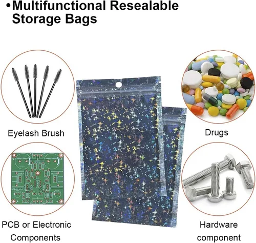 Miniatura 4 de Bolsas holográficas de 4 x 6 pulgadas, 100 bolsas resellables con cierre de mylar con patrón de estrellas para almacenamiento de alimentos