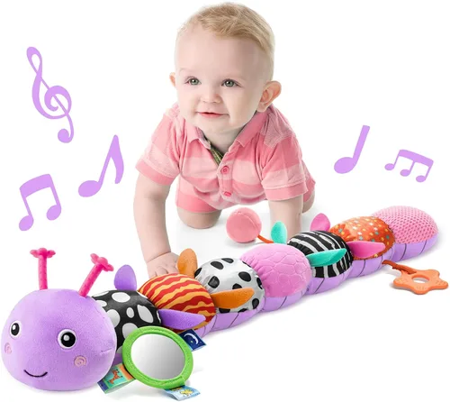 Miniatura 7 de LIGHTDESIRE Juguetes musicales para bebé, oruga, juguetes para bebés, animales de peluche con diseño de regla, espejo, cuerda de tirar y campana