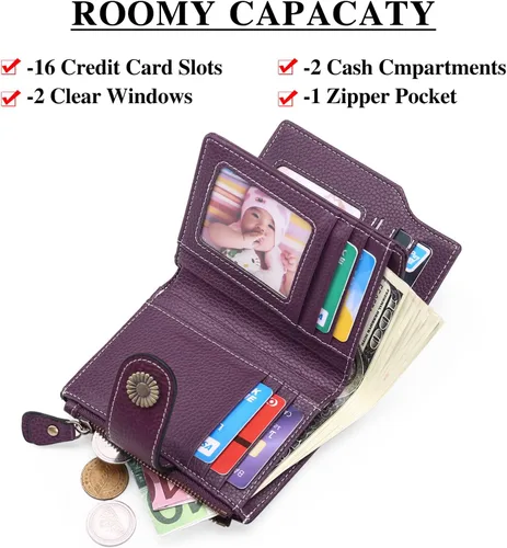 Miniatura 2 de FALAN MULE Cartera pequeña para mujer, de piel auténtica, plegable, compacta, pequeña, con bloqueo RFID, Púrpura, Casual