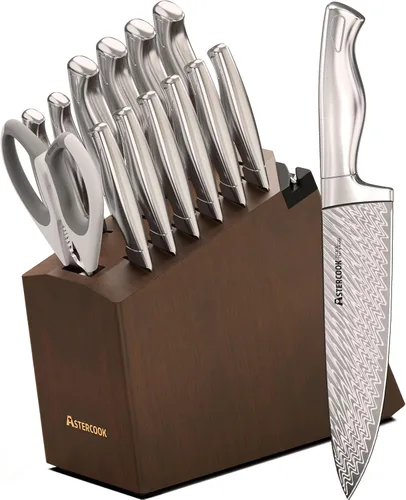 Astercook Juego de Cuchillos, Juego de Cuchillos de Cocina de 15 Piezas con Bloque y Afilador Integrado, Juego de Bloque de Cuchillos de Acero