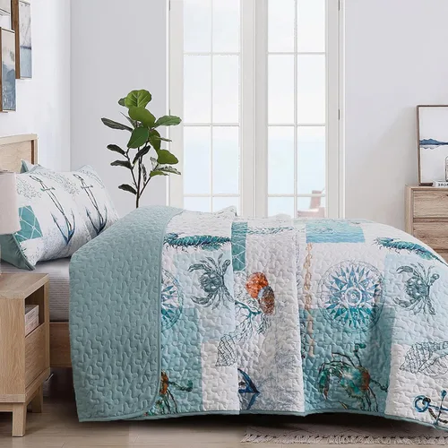 Miniatura 3 de DJY Beach Quilt Set Queen Size,3 Piece Coastal Ocean Summer Bedspread Coverlet Set with 2 Pillow Cases Lightweight Soft Microfiber Nautical Bedding
