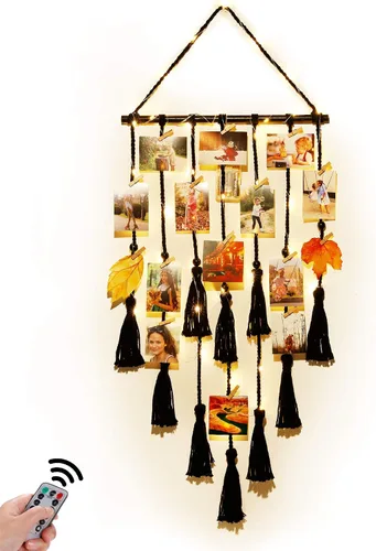 Homecor Decoración de pared colgante de macramé negro, decoración bohemia para habitación, collage de marcos de fotos con luz remota, 30 clips,