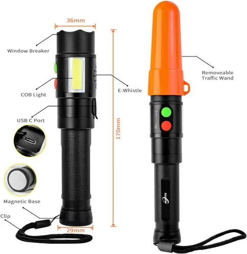 Miniatura 7 de Linterna electrónica de la varita del silbato para el tráfico, entrenamiento USB C y recargable magnético, luz COB, base de imanes