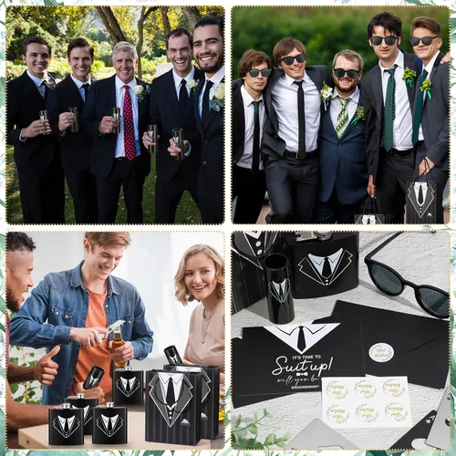 Miniatura 5 de Bokon 48 piezas de regalos para padrinos de boda para hombres, frasco de esmoquin de acero inoxidable, para padrinos de boda, anteojos de póquer
