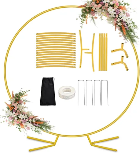 Kit de soporte redondo de arco de globos de 7.2 pies, soporte de arco de metal para fiestas, marco de arcos de boda dorado con base para ceremonia,