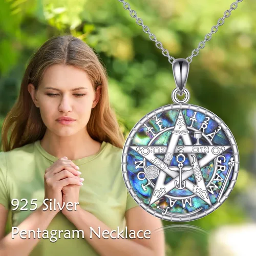 Miniatura 6 de Collar de plata de ley con tetragrammaton para mujeres y hombres, collar con colgante de pentagrama de concha de abulón, amuleto de protección