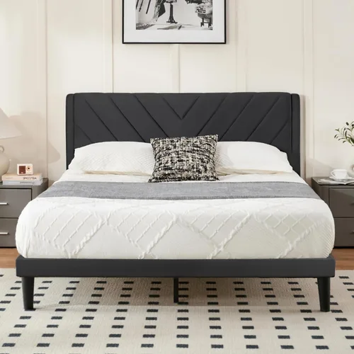 Miniatura 9 de Base de cama de plataforma de tamaño matrimonial con cabecera de terciopelo, borde de ala, listones de madera resistentes, sin ruido, no necesita